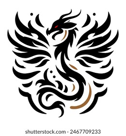 A simple black and white 2D Vector of a mythical dragon-like creature with wings. The design is bold, clear, and symmetrical, resembling a traditional tattoo.