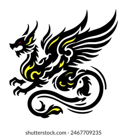 A simple black and white 2D Vector of a mythical dragon-like creature with wings. The design is bold, clear, and symmetrical, resembling a traditional tattoo.