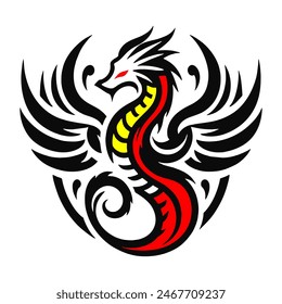 A simple black and white 2D Vector of a mythical dragon-like creature with wings. The design is bold, clear, and symmetrical, resembling a traditional tattoo.