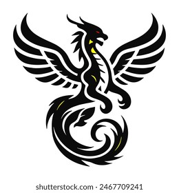 A simple black and white 2D Vector of a mythical dragon-like creature with wings. The design is bold, clear, and symmetrical, resembling a traditional tattoo.