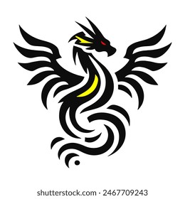 Un simple Vector en 2D en blanco y negro de una criatura mítica parecida a un dragón con alas. El diseño es audaz, claro y simétrico, que se asemeja a un tatuaje tradicional.