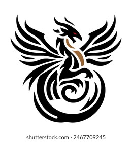 A simple black and white 2D Vector of a mythical dragon-like creature with wings. The design is bold, clear, and symmetrical, resembling a traditional tattoo.