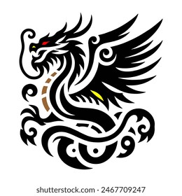 A simple black and white 2D Vector of a mythical dragon-like creature with wings. The design is bold, clear, and symmetrical, resembling a traditional tattoo.