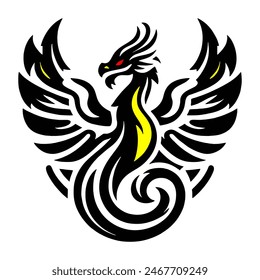 A simple black and white 2D Vector of a mythical dragon-like creature with wings. The design is bold, clear, and symmetrical, resembling a traditional tattoo.