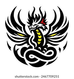 A simple black and white 2D Vector of a mythical dragon-like creature with wings. The design is bold, clear, and symmetrical, resembling a traditional tattoo.