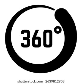 Simple black and white 360 degree icon illustrating a complete rotation, capturing a panoramic view and evoking the essence of virtual reality and immersive experiences
