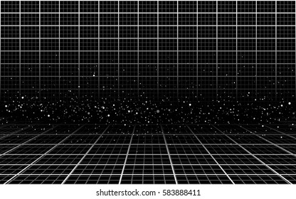 Simple black and white abstract background. White grids and shiny stars on black background. Vector illustration for your graphic design.