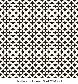 Simple black and white abstract seamless pattern. Vector geometric texture with repeated elements, small curved diamond shapes, grid. Elegant minimal background. Geo design for decor, textile, fabric