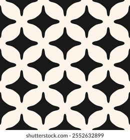 Simple black and white abstract seamless pattern. Vector geometric texture with repeated elements, curved diamond shapes, grid. Stylish minimal background. Monochrome geo design for decor, textile