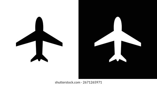 Gráfico simple del icono del avión en blanco y negro, aislado en fondos blancos y negros. Perfecto para viajes, aviación o diseños de transporte.