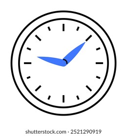 Simple black and white analog clock with blue hands and minimalist design. Ideal for time management, punctuality, scheduling, office decor, and reminders. Clear and precise vector style.