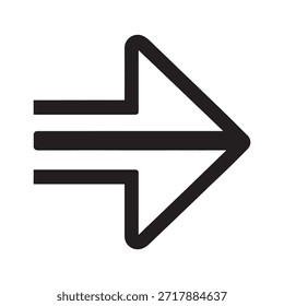Una simple flecha en blanco y negro que apunta a la derecha. La flecha se compone de tres líneas Horizontales apiladas verticalmente, siendo la línea media la más larga. Las líneas superior e inferior son más cortas y están alineadas con los extremos de la línea media. La punta de flecha es triangular y se extiende hacia la derecha, indicando dirección o movimiento.