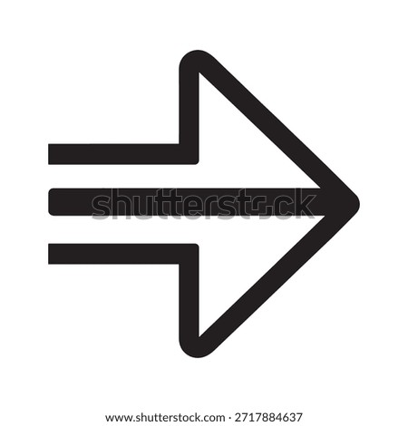 a simple, black and white arrow pointing to the right. The arrow is composed of three horizontal lines stacked vertically, with the middle line being the longest. The top and bottom lines are shorter and aligned with the ends of the middle line. The arrowhead is triangular and extends to the right, indicating direction or movement.