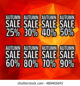 Simple black and white autumn sale stickers on polygon background. Vector illustration for your graphic design. 