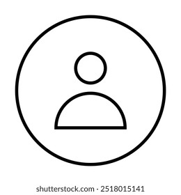 Un simple ícono de avatar en blanco y negro de una persona dentro de un delgado borde circular. Ideal para perfiles de usuario, Páginas de inicio de sesión, Sitios web, App móviles y redes sociales. El diseño es sencillo y moderno.