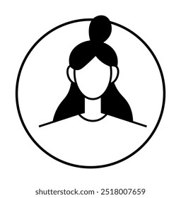 Simple avatar en blanco y negro que muestra la cabeza y los hombros de una mujer con un peinado moño y cabello largo dentro de un marco circular. Ideal para fotos de perfil, iconos de usuario y redes sociales.