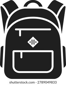 Simple black and white backpack illustration isolated on transparent background with diamond logo and two main compartments