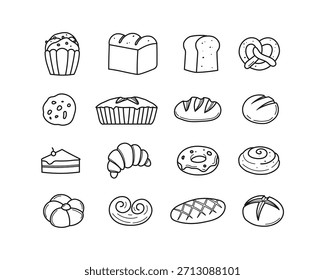 Simples conjunto de ícones de padaria preto e branco com vários pães, doces e doces desenhados em um estilo de linha-art limpo e mínimo.