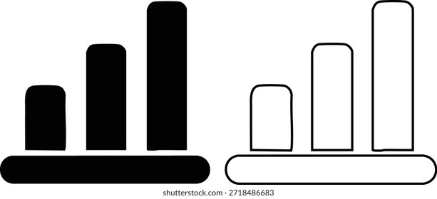 A simple black and white bar graph icon isolated on a transparent background representing data analysis and business growth