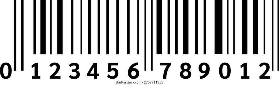Ilustración simple de código de barras en blanco y negro con código numérico, diseño limpio para empaquetado y etiquetado de productos.
