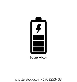 Ícone de bateria preto e branco simples com sinal de raio indicando status de carregamento e nível de energia