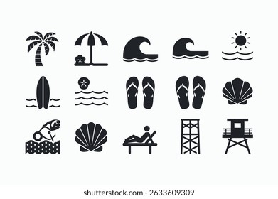 Simple Black and White Beach Icons Set