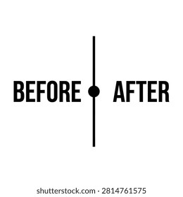 Simple black and white before and after comparison icon featuring vertical divider line and text labels. Ideal for makeover, renovation, and progress presentations.