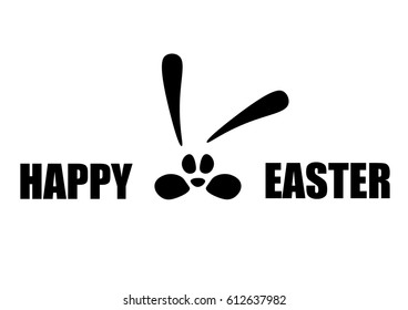 Simple black and white bold happy easter lettering with bunny on white background.