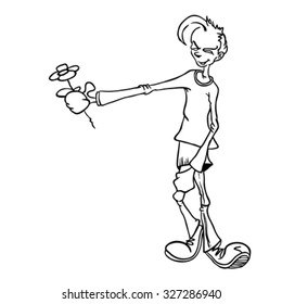 simple black and white boy with flower cartoon