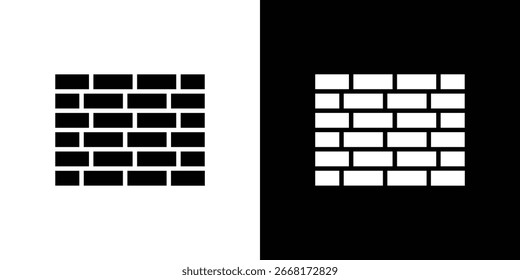Simple black and white brick wall pattern icon, isolated on white and black backgrounds. Suitable for construction, design, and texture applications.