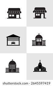 Simple Black and White Building Icon Set Featuring Commercial Storefronts Garage and Church Silhouettes Ideal for Graphic Design.