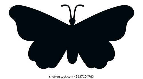 Simple black and white butterfly silhouette with open wings and antennae showing, isolated on a white background, representing nature, beauty, and transformation