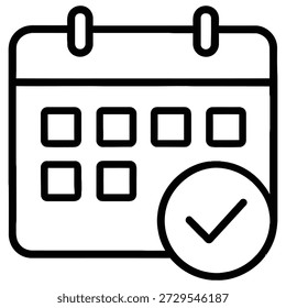Simple black and white calendar icon featuring a checkmark, symbolizing scheduling, deadlines, or task completion, on a plain background.