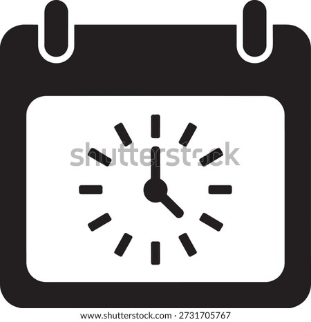 Simple black and white calendar icon displaying a clock face with hour and minute hands indicating a specific time.