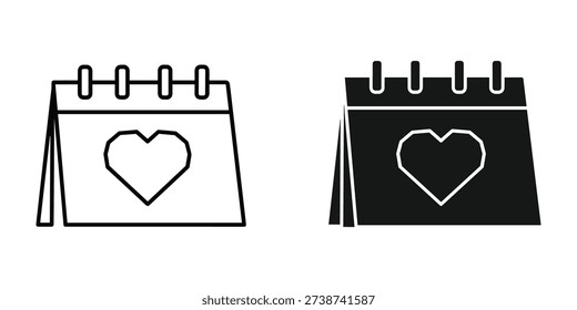 Simple black and white calendar icons with heart symbol for love or event planning