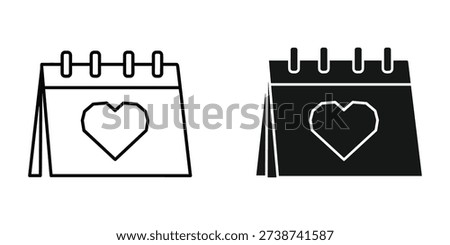 Simple black and white calendar icons with heart symbol for love or event planning