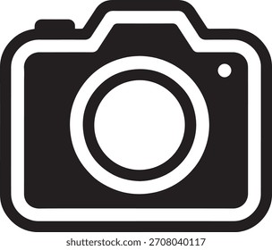 Un simple ícono de cámara en blanco y negro, que representa la Fotografía y los medios visuales.