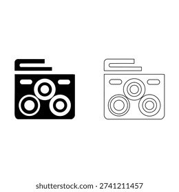 Simple black and white camera icons represent photography and visual creativity in a minimalist style, showcasing graphic elegance and simplicity in a digital illustration.