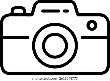 A simple black and white camera illustration with a lens and button in a minimalist style icon image