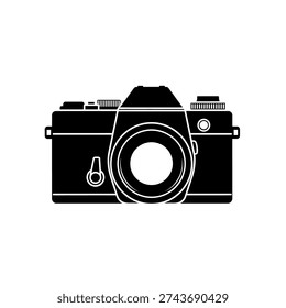 Simple black and white camera illustration, minimalist design, no background
