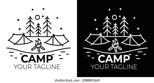 Simple black and white camping logo, camping logo design with symbol lines in the form of forest, tent, landscape, sky