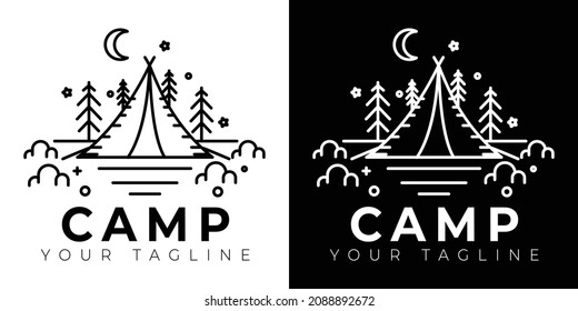 Simple black and white camping logo, camping logo design with symbol lines in the form of forest, tent, landscape, sky