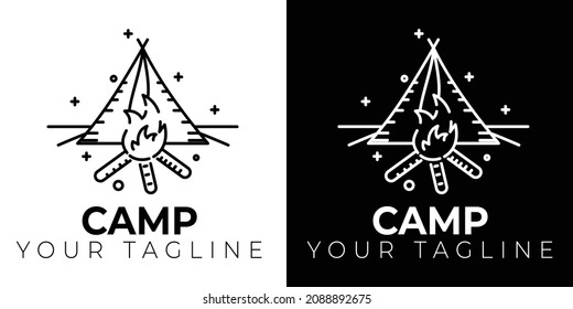 Simple black and white camping logo, camping logo design with symbol lines in the form of forest, tent, landscape, sky