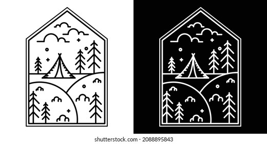 Logotipo de camping simple en blanco y negro, diseño de logotipo de camping con líneas de símbolo en forma de bosque, tienda, paisaje, cielo