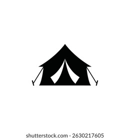 Simple black and white camping tent icon isolated on a plain white background
