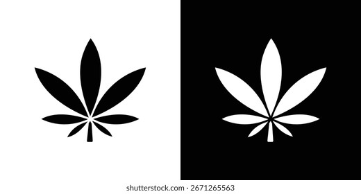 Einfache schwarz-weiße Cannabisblatt-Symbolgrafik, einzeln auf weißem und schwarzem Hintergrund. Perfekt für Designprojekte.