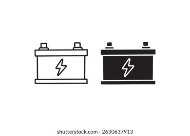 Diseño simple del icono de la batería del coche en blanco y negro con el relámpago.