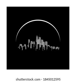 The simple black and white card with a sun arc over a big city and skyscrapers with highlights (with place for text).