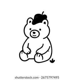 Ein einfacher schwarz-weißer Cartoonbär mit einer Baskenmütze
