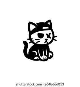 Simple black and white cartoon cat with bandaged eyes